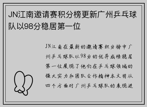 JN江南邀请赛积分榜更新广州乒乓球队以98分稳居第一位