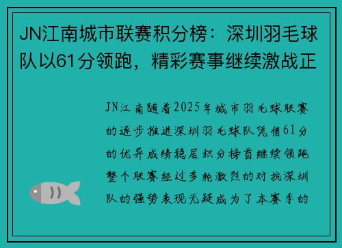 JN江南城市联赛积分榜：深圳羽毛球队以61分领跑，精彩赛事继续激战正酣